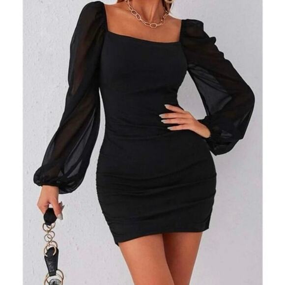 SHEIN Black Square Neck Bodycon Mini Dress Size Small Long Sheer Puff Sleeve - Picture 1 of 8